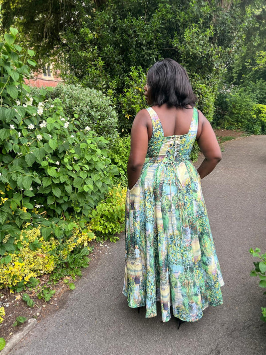 Garden Tapestry Lace-Back Midi Dress